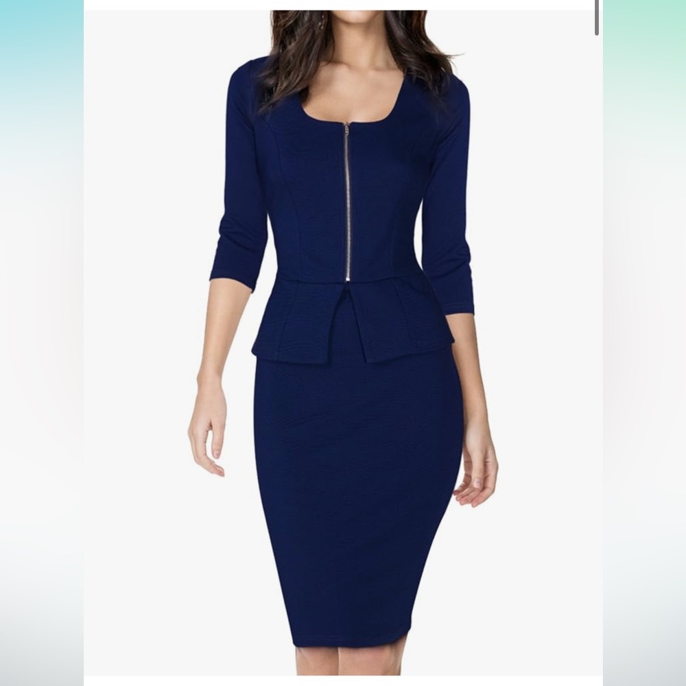 Navy blue work dress with silver zipper